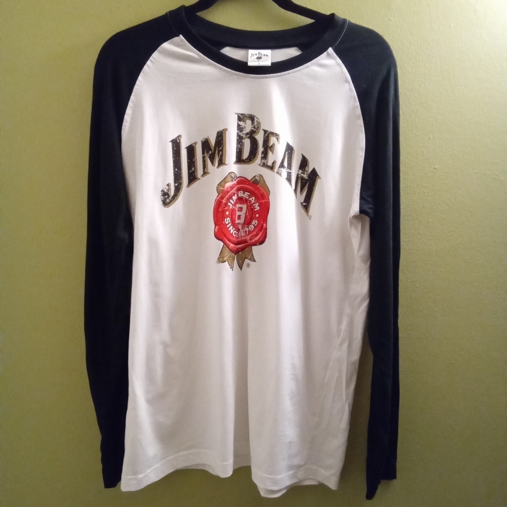 Mens M Jim Beam White and Black Long Sleeve Tee Lightweight Fall Season Relaxed